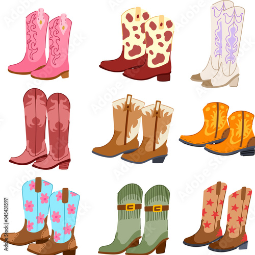 cowgirl boots set cartoon. western boot, pink rodeo, hat country cowgirl boots sign. isolated symbol vector illustration