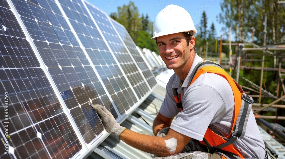 a happy worker wearing a high visibility vest as they install solar panels on the roof of a commercial building. a happy worker wearing a high visibility vest as they install solar panels on the roof of a commercial building.