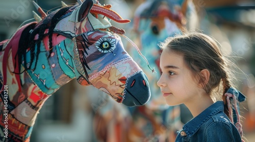 Girl jockey with her hobbyhorse. photo