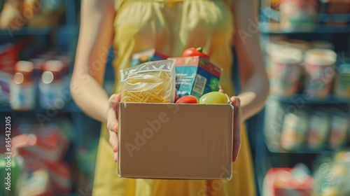 Woman volunteer hands holding food donations box with food grocery product. Generative ai
