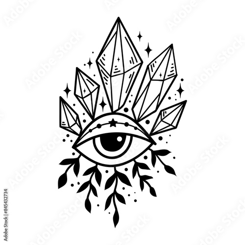 Eye boho crystal. Lineart Vector illustration. Flower moon , Magic celestial witchcraft symbol. Masonic symbol. Hand drawn logo