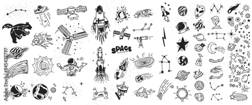 Set of Hand drawn space doodles. Childish space line vector elements. Rockets, aliens, ufo, stars, planets, constellations, comets, asteroids, astronaut. Cartoon Outer space sketch designs. 