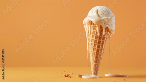 Vanilla ice cream cone melting on orange background
