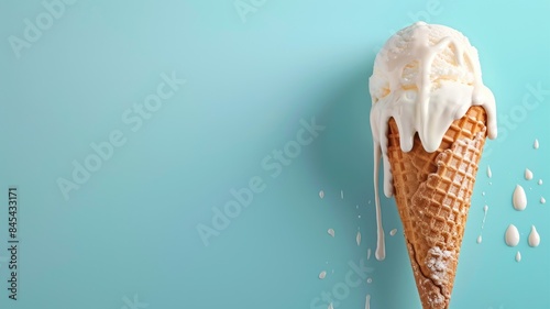 Melting vanilla ice cream in waffle cone against blue background