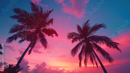 Amazing pink sunset on the beach with palm trees.