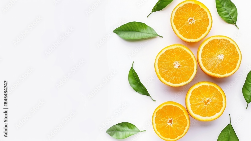 Orange with cut in half and green leaves isolated on white background. Orange with cut in half and green leaves isolated on white background.