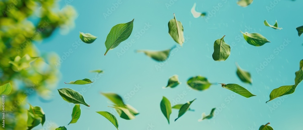 Fresh green leaves flying in the air on a blue background. Fresh green leaves flying in the air on a blue background.
