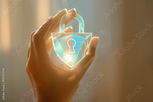 Cyber security and data protection concept. Male hand holding shield icon.