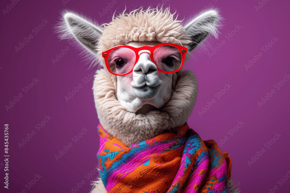 Fototapeta premium Alpaca Fashion Extravaganza: Glamorous Pet in Colorful Couture on Purple Background