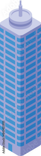 Modern office building with blue windows stands tall, showcasing an isometric design
