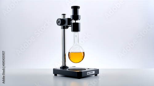Instruments, vessels, beakers, microscopes, long necked bottles containing colored liquids, and test tubes in chemical laboratories