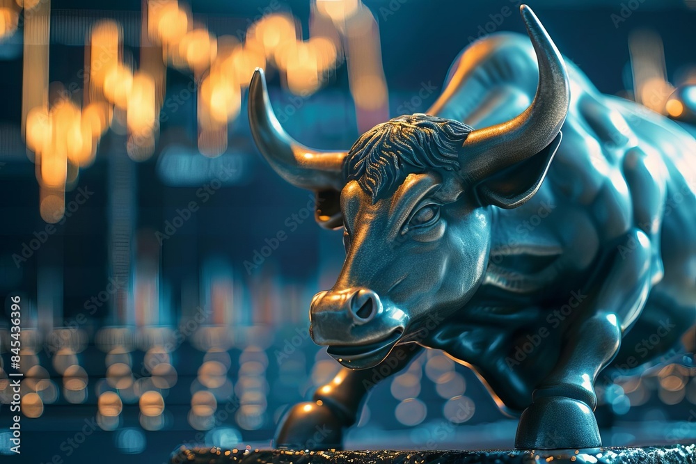 Bull market concept with a metallic bull statue in front of stock market charts, representing financial growth and investment opportunities. Bull market concept with a metallic bull statue in front of stock market charts, representing financial growth and investment opportunities.