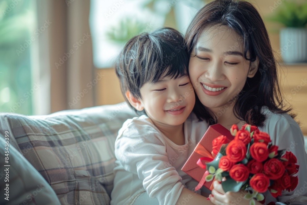 Adult child celebrates Mothers Day with mature mom at home. Adult child celebrates Mothers Day with mature mom at home.