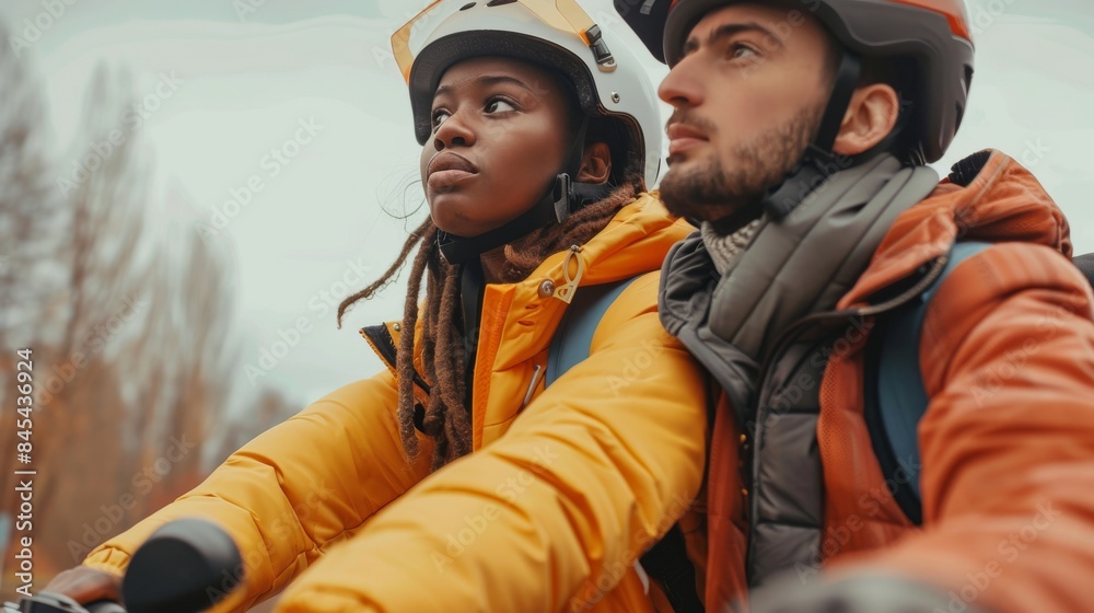 Diverse Couple in Helmets on Adventure Motorcycle Trip in Autumn. Generative ai