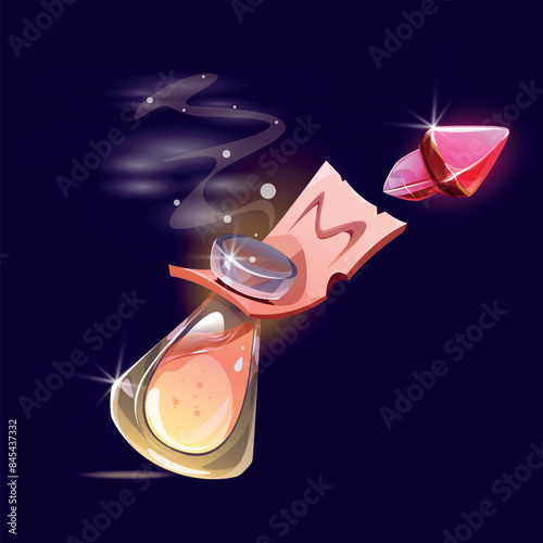 Vector image of mana potion of witches' magic elixir in glass bottles with glass stopper