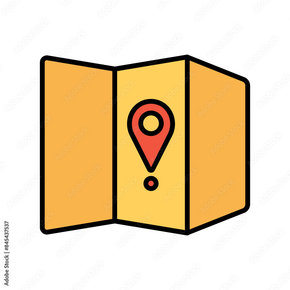 Map set icon. Yellow map, red location pin, pointer, route, location, navigation, travel, geography, direction, destination, journey, route, exploration. Map set icon. Yellow map, red location pin, pointer, route, location, navigation, travel, geography, direction, destination, journey, route, exploration.