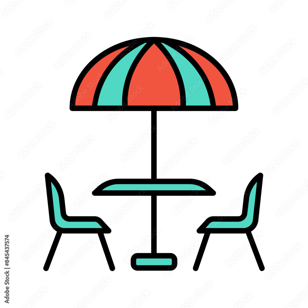 Outdoor cafe set icon. Table with umbrella, two chairs, red and green colors, patio furniture, dining, leisure, relaxation, summer, social. Outdoor cafe set icon. Table with umbrella, two chairs, red and green colors, patio furniture, dining, leisure, relaxation, summer, social.