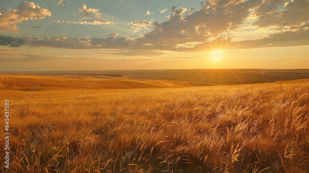 The image shows a beautiful golden wheat field with a blue sky and white clouds in the background The image shows a beautiful golden wheat field with a blue sky and white clouds in the background