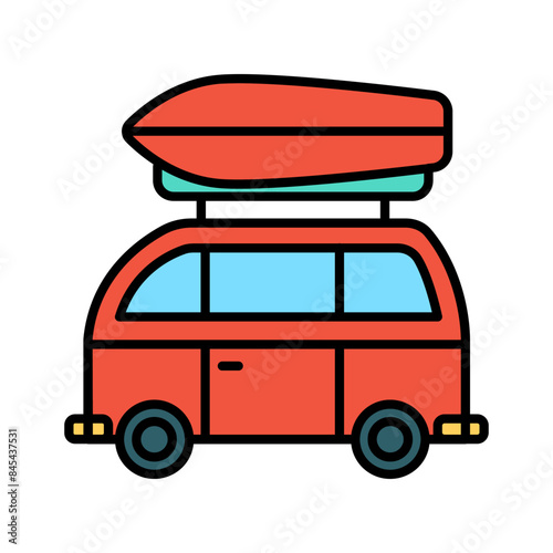 Camper van set icon. Red van, roof luggage, blue windows, travel, road trip, transportation, adventure, camping, outdoor recreation, holiday.