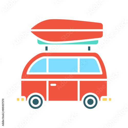 Camper van set icon. Red van, roof luggage, blue windows, travel, road trip, transportation, adventure, camping, outdoor recreation, holiday.
