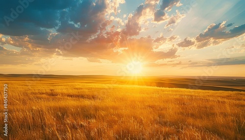 The image shows a beautiful sunset over a golden wheat field.