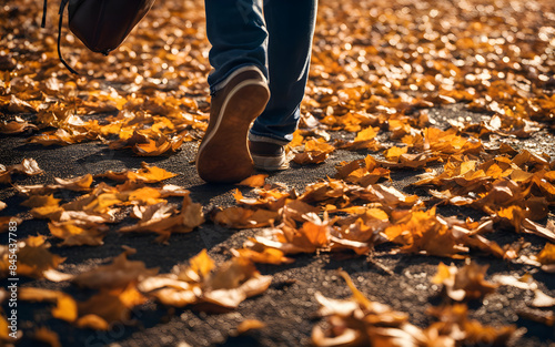 Low angle view of a student’s feet walking through a university campus, autumn leaves, scholarly atmosphere photo