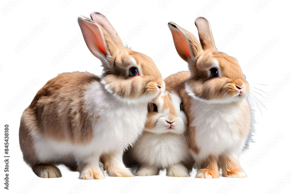 Obraz premium Studio portrait of cute rabbit isolated on transparent png background, happy bunny running on floor, adorable fluffy rabbit that sniffing.