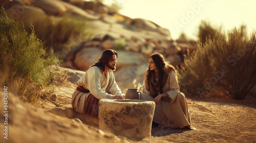 Conversation between Jesus Christ and the Samaritan woman at the well. Photo of the gospel event, biblical times. For Christian publications