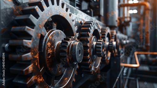 Close-up of interconnected rusty gears in an industrial setting, showcasing detailed mechanical engineering elements and precision machinery.