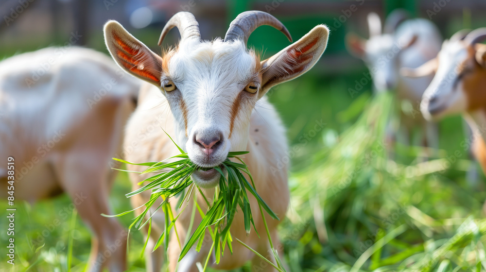 Obraz premium Goats chewing grass on a farm