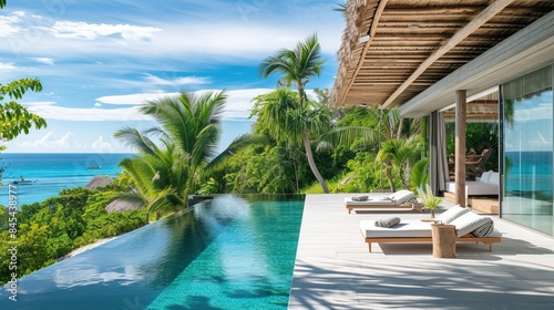 A luxurious tropical resort with an infinity pool overlooking the ocean. The scene features sun loungers, palm trees, and a modern villa with large glass windows, all under a clear blue sky.
