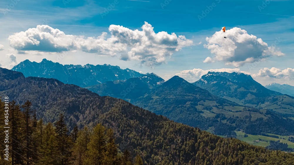 Alpine summer view with Mounts Wilder and Zahmer Kaiser seen from paraglider paradise Koessen, Kitzbuehel, Tyrol, Austria Alpine summer view with Mounts Wilder and Zahmer Kaiser seen from paraglider paradise Koessen, Kitzbuehel, Tyrol, Austria