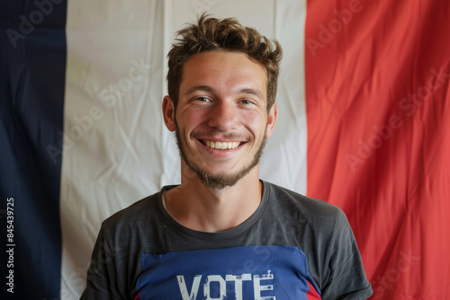 Portrait of a french election voter in front of the france flag photo