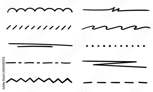A set of underlines, strikethrough, dividers, partitions, borders drawn by hand with a marker. Straight, wavy, dotted free lines on a white background. Vector set of highlighters for text decoration