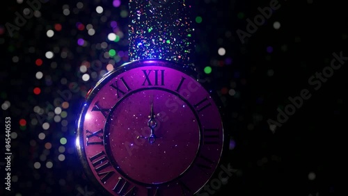 Abstract glowing clock with hands of the clock showing midnight. New Year background. 4K video animation 3d rendering.