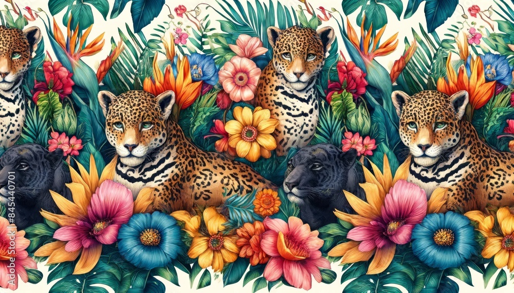 Colorful pattern illustration of jaguars amidst tropical flowers and leaves. Colorful pattern illustration of jaguars amidst tropical flowers and leaves.