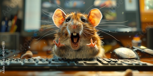 little mouse sits at the computer, types on the keyboard and screams in horror. rat controls computer, hacker