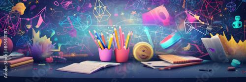 shiny background of shiny colors and abstract patterns with school supplies such as backpacks, calculators and rulers, back to school. photo