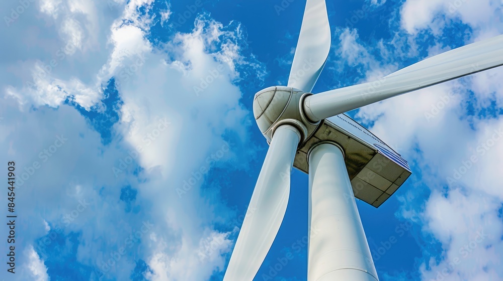 a white wind turbine standing against a blue sky, symbolizing green energy and renewable electricity production. a white wind turbine standing against a blue sky, symbolizing green energy and renewable electricity production.