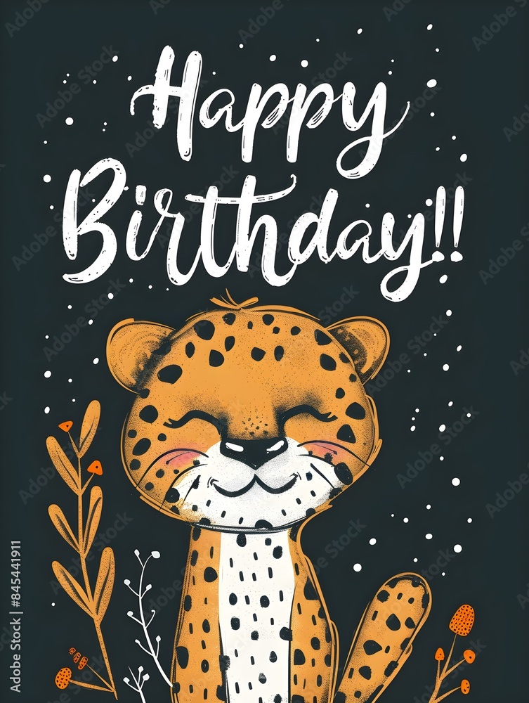 Naklejka premium Happy Birthday Card with a cute Cheetah Illustration on a anthracite Background