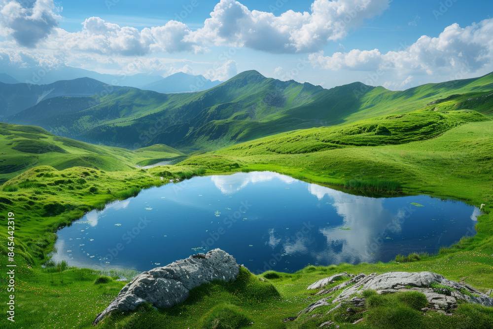Nature. A small lake high in the mountains surrounded by green meadows. A concept for a cover, postcard, interior decor, banner, poster, brochure or presentation. Nature. A small lake high in the mountains surrounded by green meadows. A concept for a cover, postcard, interior decor, banner, poster, brochure or presentation.