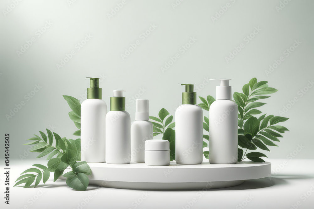 A luxurious skincare set featuring a serum, moisturizer, and eye cream displayed on a white podium with green leaves A luxurious skincare set featuring a serum, moisturizer, and eye cream displayed on a white podium with green leaves