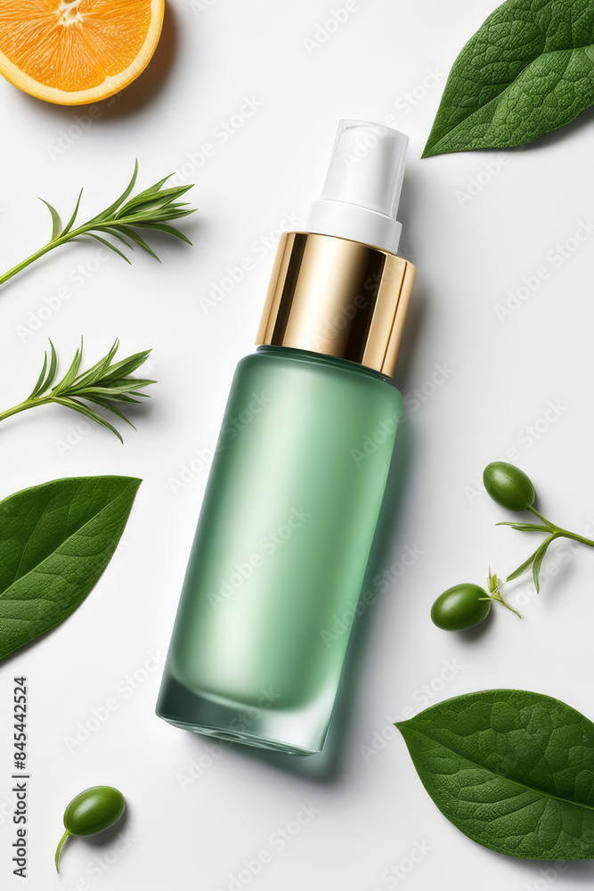 Top view of frosted glass dropper bottle with beauty face oil on white background. anti aging serum with natural ingredients. AI Generated Top view of frosted glass dropper bottle with beauty face oil on white background. anti aging serum with natural ingredients. AI Generated