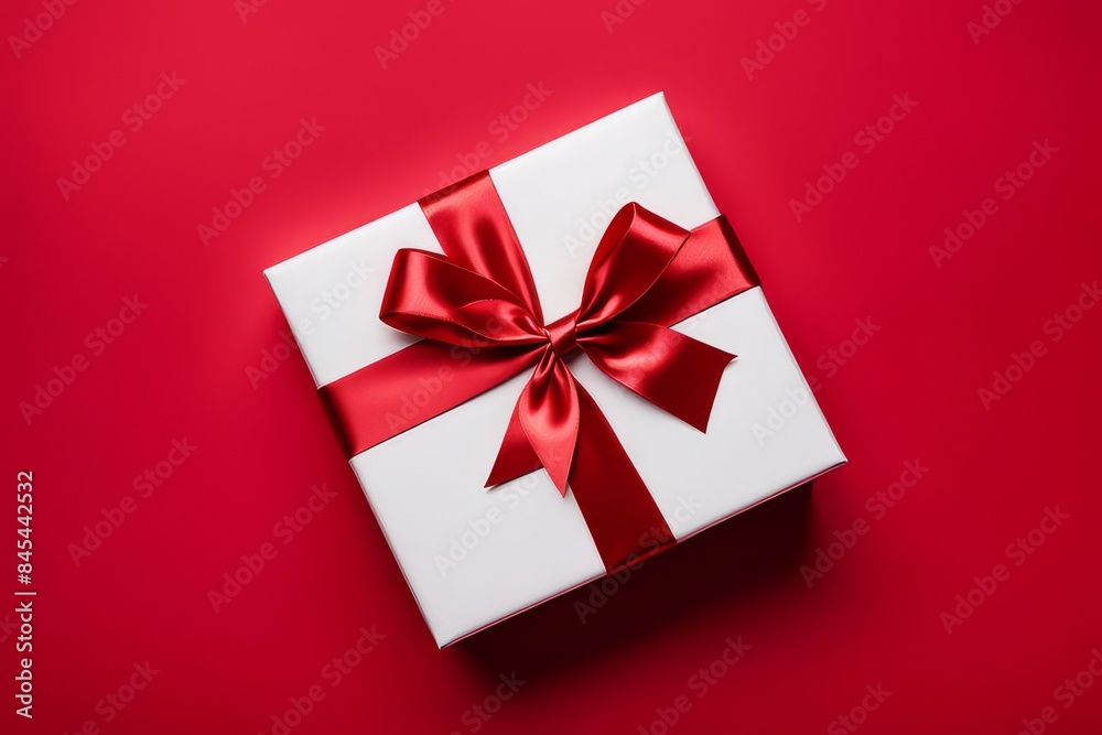 Luxury gifting: A top-view shot of a white gift box adorned with a red ribbon on red background Luxury gifting: A top-view shot of a white gift box adorned with a red ribbon on red background