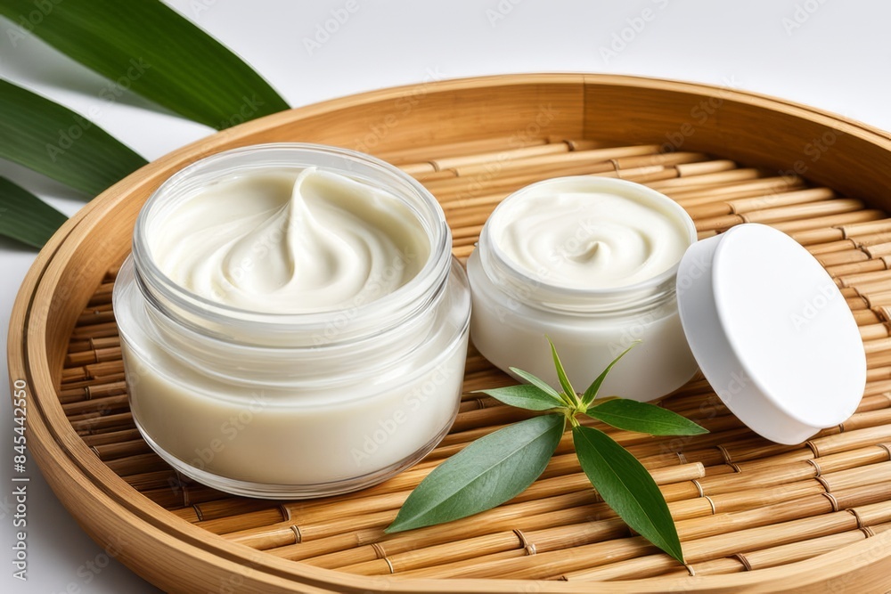 close up view of open jar with face cream on round wooden tray with green leaves. close up view of open jar with face cream on round wooden tray with green leaves.