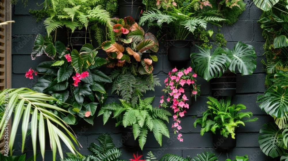 Vertical garden with ferns and flowers in hanging pots for home and office green decor Vertical garden with ferns and flowers in hanging pots for home and office green decor