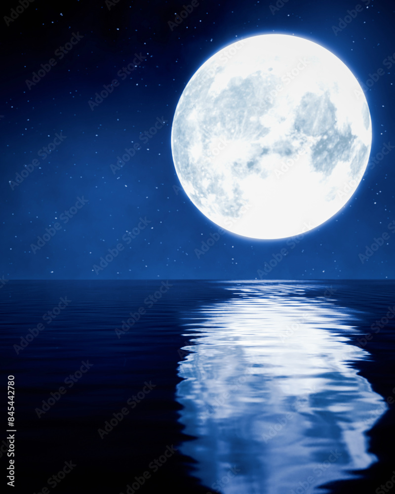 Astronomical Phenomenon the blue full moon is reflected in the sea. The shadow of the island in the ocean The sky has many stars. Ripples on the sea at night.3D Rendering