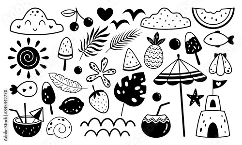 Summer clipart. Hello summer clipart. Summer time. Summer vibes. Black and white Summer stickers in cartoon flat style. Hand drawn vector illustration