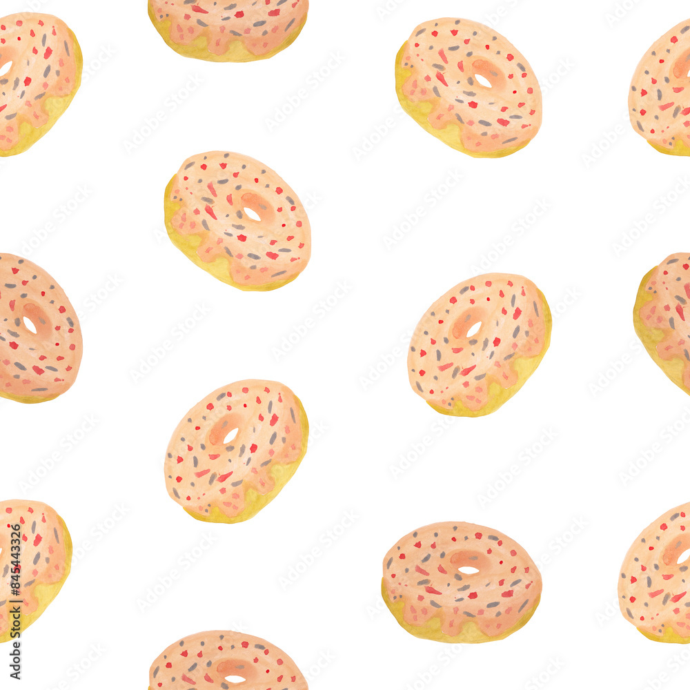 donut with sprinkles sweet pastries seamless pattern watercolor illustration isolated on white background base for printing on cards. fabrics and dishes donut with sprinkles sweet pastries seamless pattern watercolor illustration isolated on white background base for printing on cards. fabrics and dishes