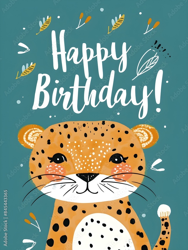 Naklejka premium Happy Birthday Card with a cute Cheetah Illustration on a blue Background